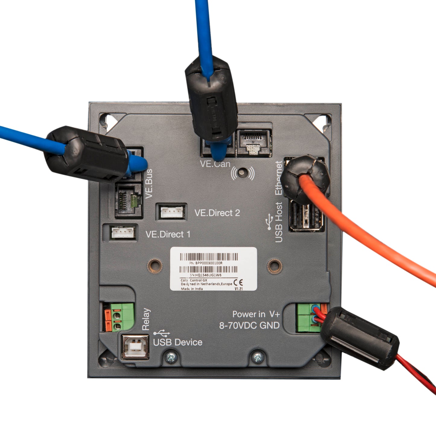 Photo of Color Control GX (backside with cables)